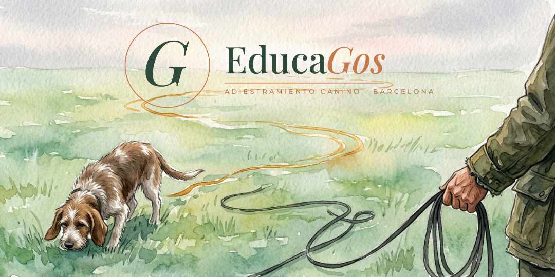 Ilustración de un perro practicando mantrailing siguiendo un rastro de olor en un prado
