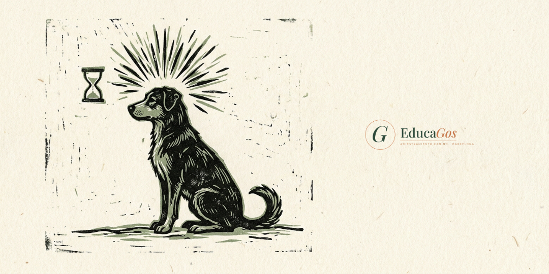 Ilustración de un perro sentándose con un símbolo del instante exacto en que debe llegar el premio