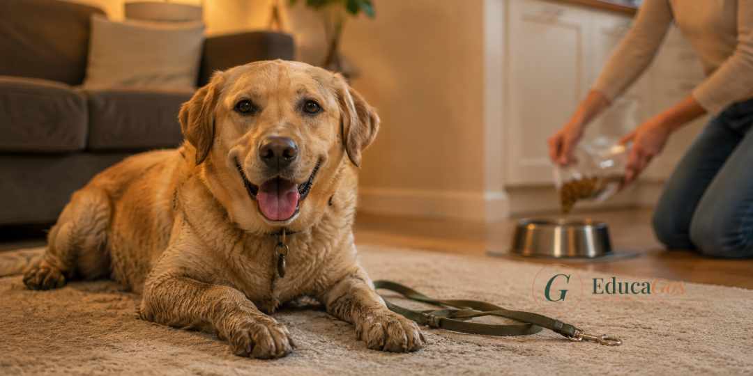 Perro relajado después de un paseo esperando su comida en casa