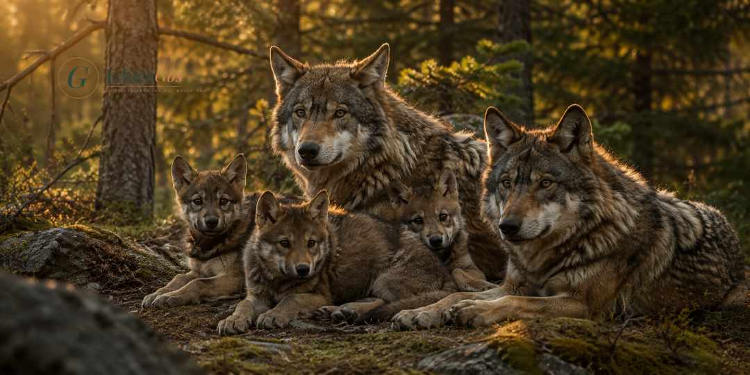 familia de lobos salvajes en su hábitat natural, origen real de la teoría de la dominancia en perros