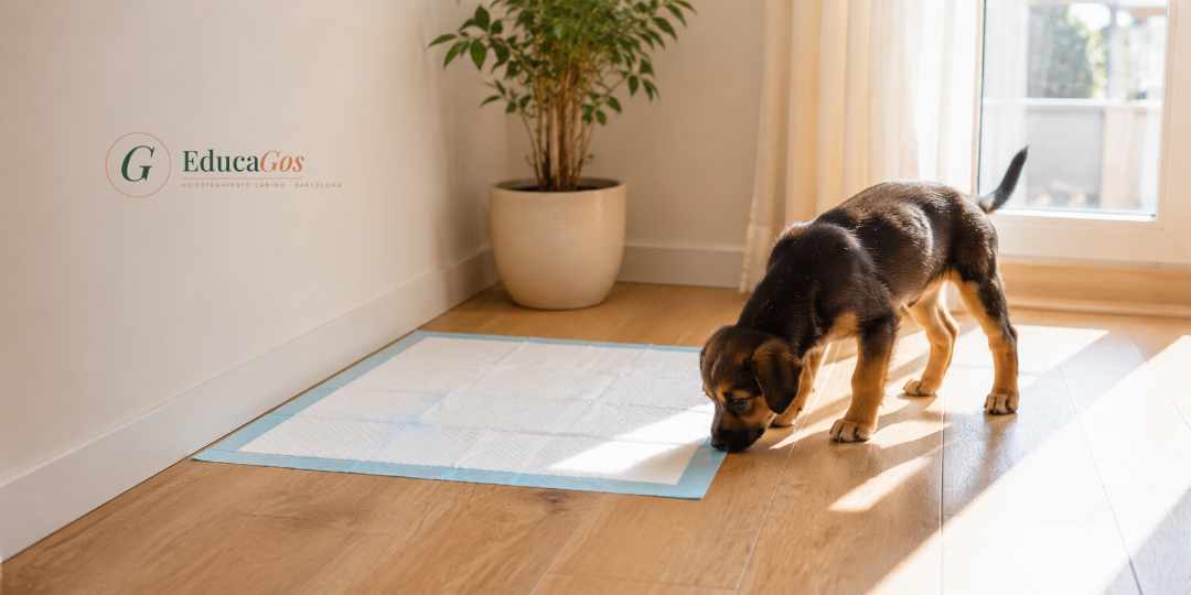 Cómo enseñarle a hacer sus necesidades en el lugar correcto, cachorro aprendiendo a hacer sus necesidades en el lugar correcto con empapador.