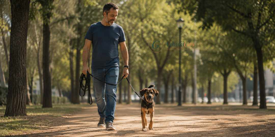 Cómo pasear a tu cachorro sin que tire de la correa, hombre paseando a su cachorro con correa larga sin tirones en Barcelona.