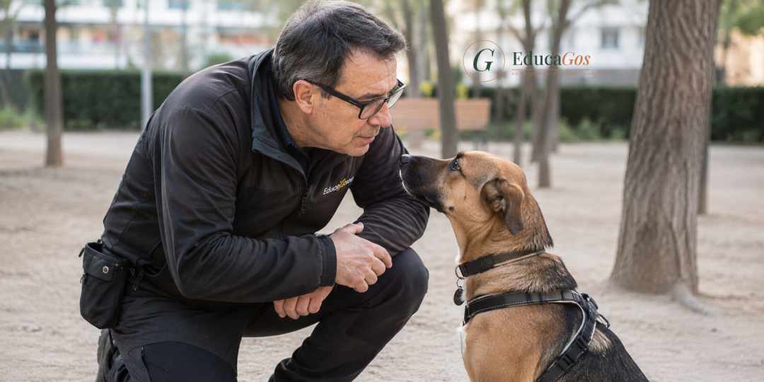 Adiestrador canino y perro reforzando el vínculo de confianza durante el adiestramiento Adiestrador canino y perro reforzando el vínculo de confianza durante el adiestramiento