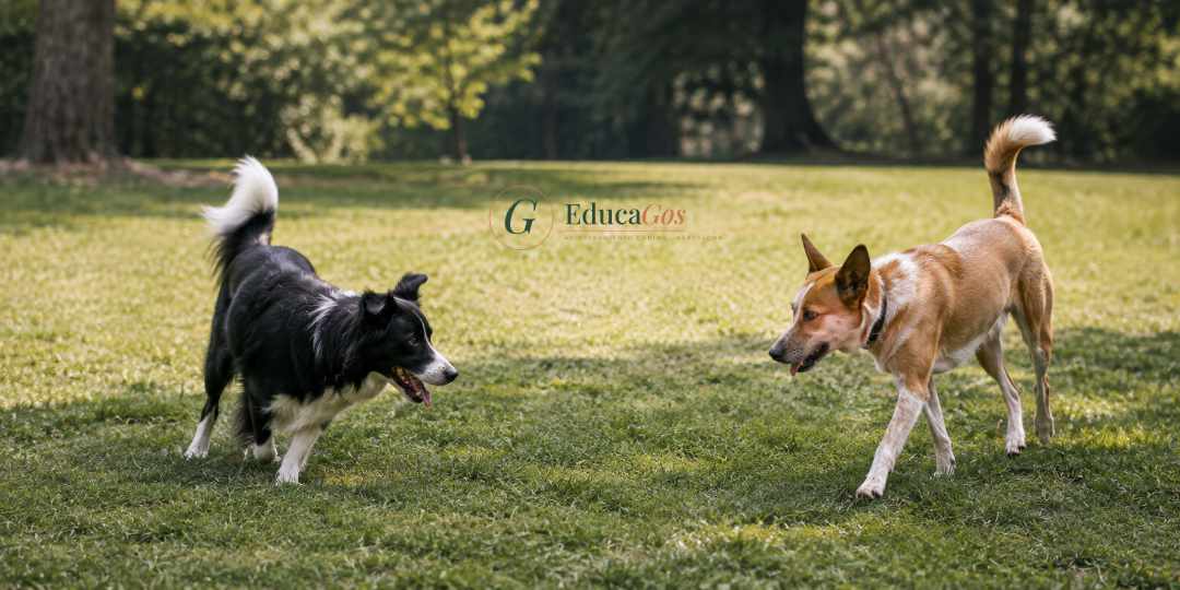 Dos perros acercándose en curva como señal de calma para evitar confrontación