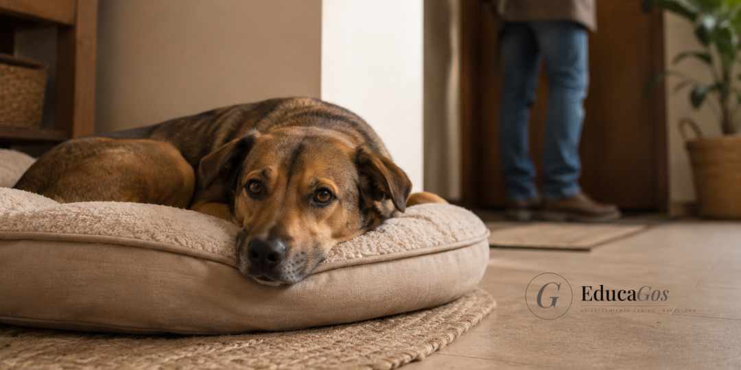 Perro tranquilo en su cama junto a la puerta mientras su familia se prepara para salir de casa. Perro tranquilo en su cama junto a la puerta mientras su familia se prepara para salir de casa.