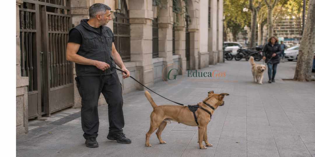 Adiestrador canino gestionando la distancia entre dos perros en un paseo Adiestrador canino gestionando la distancia entre dos perros en un paseo