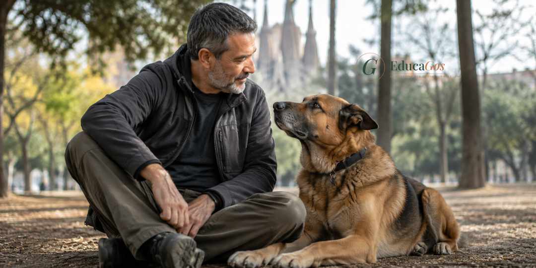 Técnico en modificación de conducta canina observando con calma a un perro adulto en un parque de Barcelona Técnico en modificación de conducta canina observando con calma a un perro adulto en un parque de Barcelona