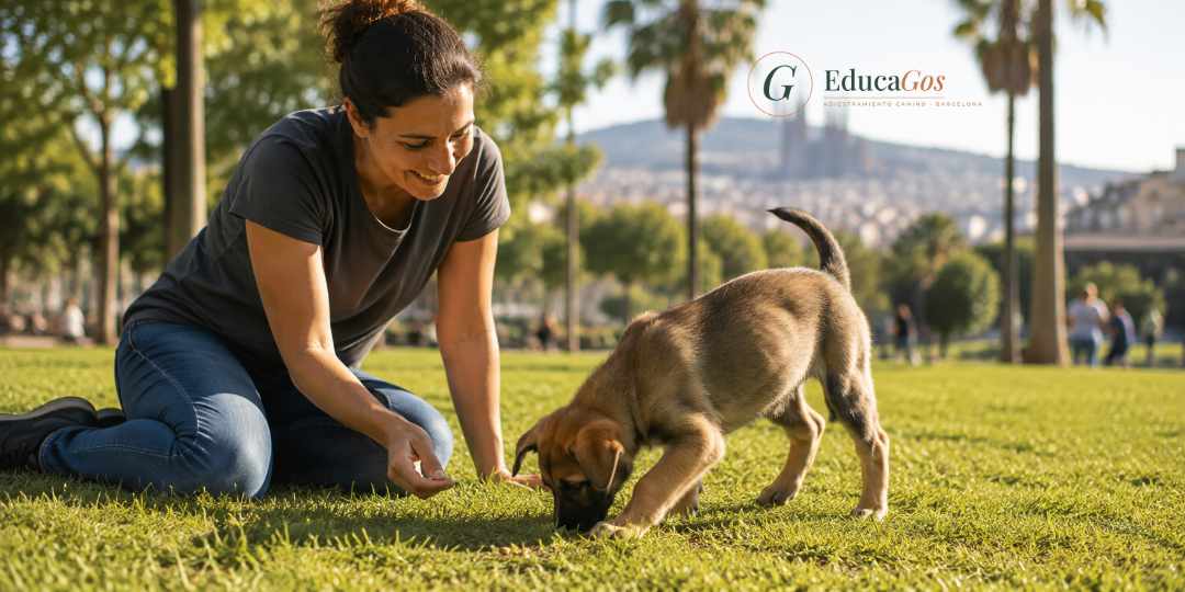 Cachorro buscando premios esparcidos durante un juego de olfato en un parque de Barcelona