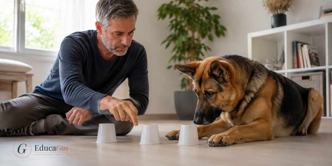 Técnico en modificación de conducta canina practicando el juego del vaso mágico con un perro