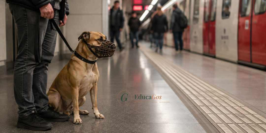 Perro con bozal y correa corta esperando en una estación de metro de Barcelona, Cómo positivizar el bozal