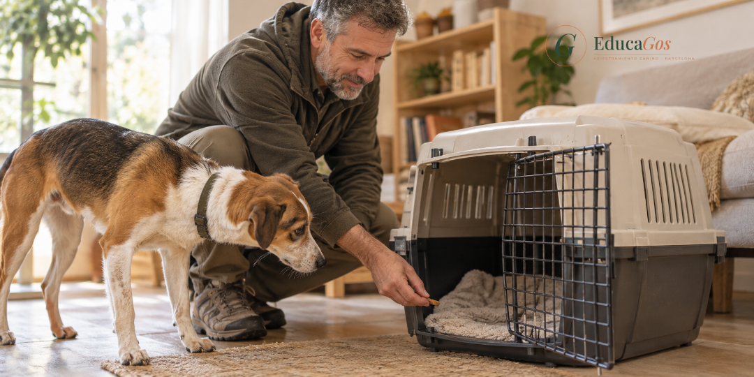 Educador canino dejando un premio dentro del transportín mientras el perro lo explora con la puerta abierta. Transportín para perros, cómo acostumbrar a tu perro