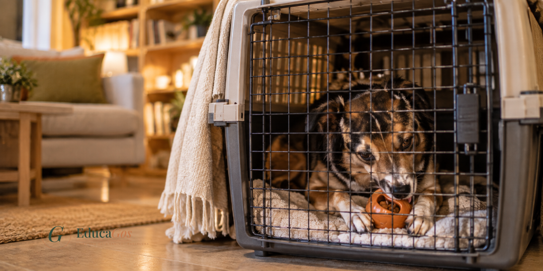 Perro tranquilo con un juguete rellenable dentro de su transportín con la puerta cerrada