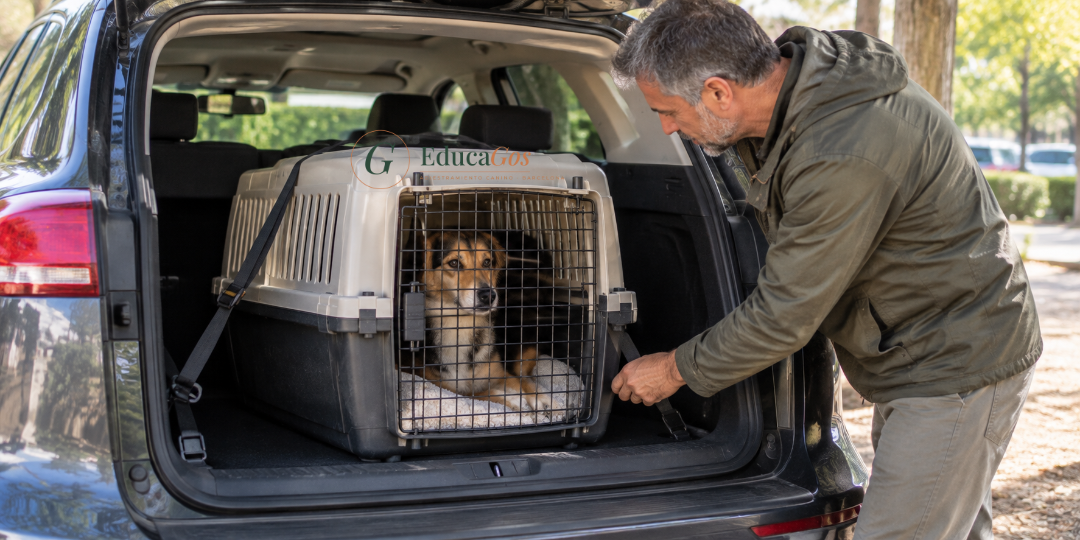 Transportín con un perro tranquilo bien sujeto en el maletero del coche en posición transversal
