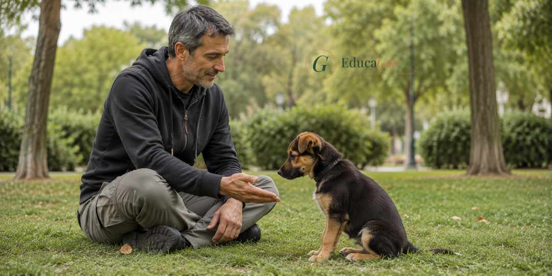 técnico en modificación de conducta trabajando la socialización de un cachorro, el mito del cachorro dominante