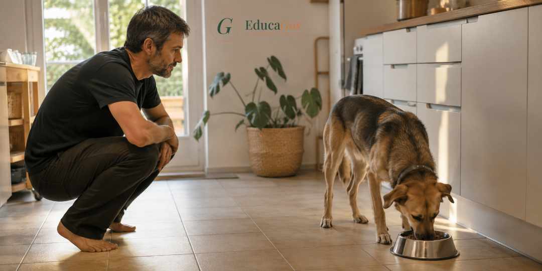 perro comiendo tranquilo mientras una persona observa a distancia, protección de recursos y no dominancia