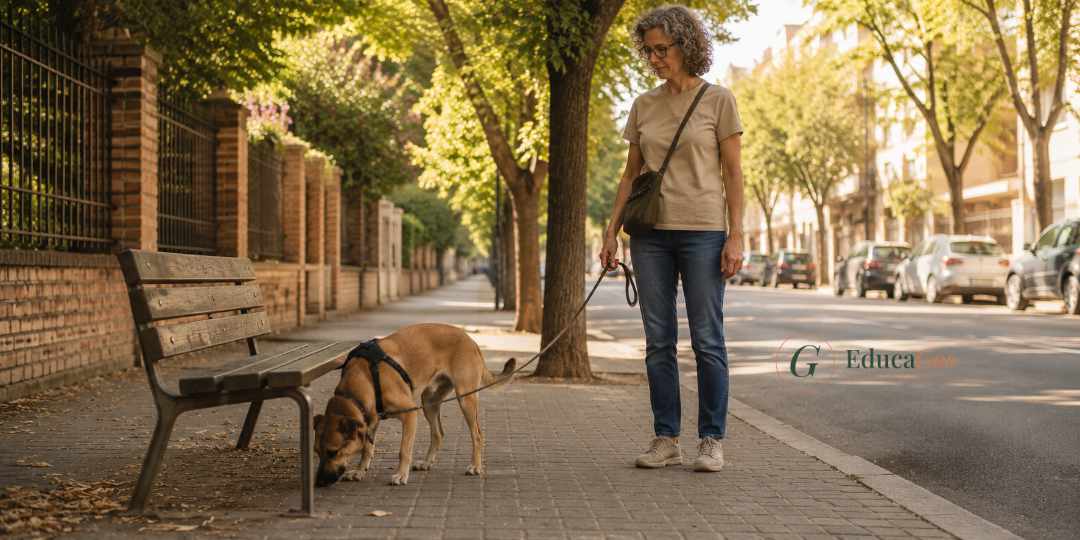 Mujer paseando a su perro por una calle tranquila de la ciudad mientras el perro olfatea el suelo