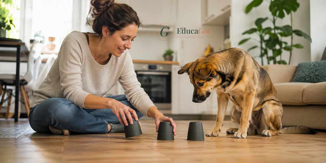 Mujer jugando con su perro al juego de los tres vasos opacos para esconder un premio. Juegos para perros en casa