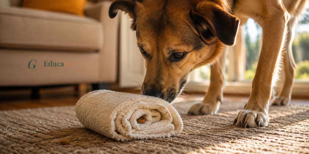 Perro olfateando una toalla enrollada con premios escondidos, juego de olfato en casa
