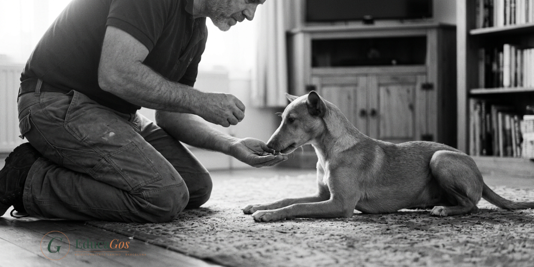Educador canino ofreciendo un premio con la mano abierta a una perra tumbada y tranquila durante una sesión en casa