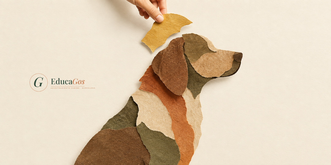 Collage de un perro al que se añade una pieza dorada, metáfora de que positivo significa añadir en el aprendizaje canino