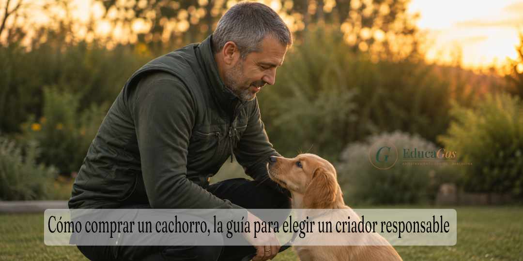 adiestrador canino profesional junto a un cachorro recién comprado a un criador responsable