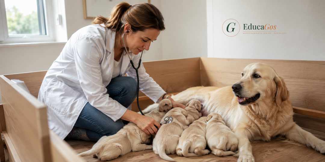 veterinaria revisando la salud de una camada de cachorros junto a su madre en un criadero responsable veterinaria revisando la salud de una camada de cachorros junto a su madre en un criadero responsable. Cómo comprar un cachorro