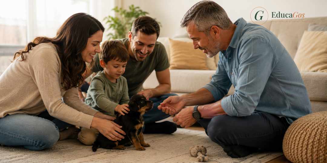 educador canino acompañando a una familia durante los primeros días de su cachorro en casa educador canino acompañando a una familia durante los primeros días de su cachorro en casa