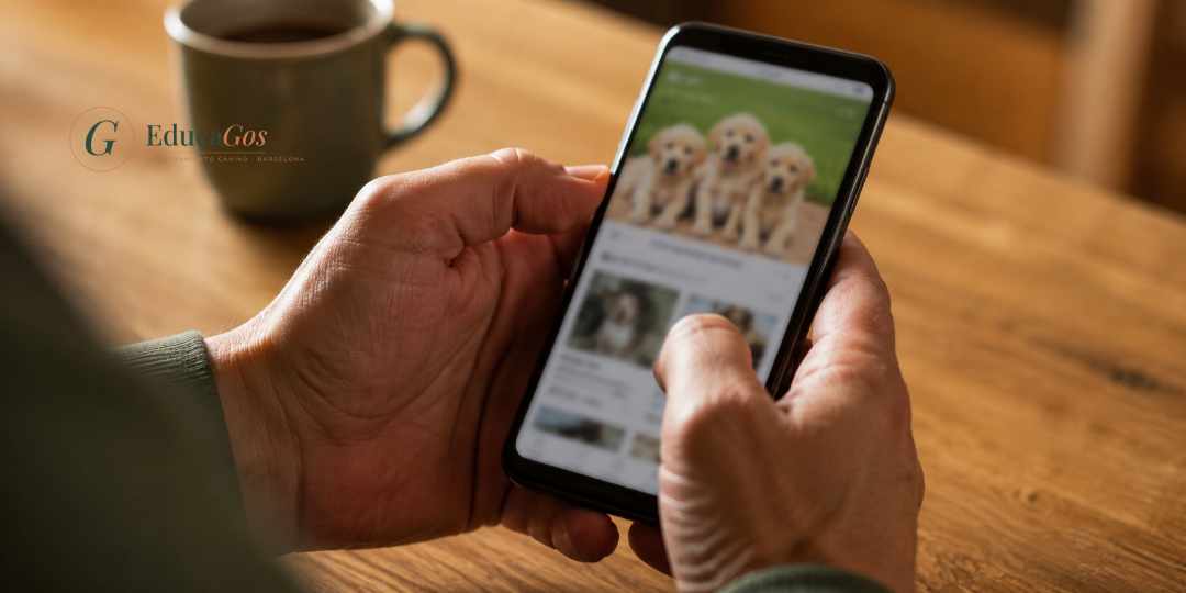 persona revisando con precaución un anuncio de venta de cachorros antes de decidir su compra persona revisando con precaución un anuncio de venta de cachorros antes de decidir su compra