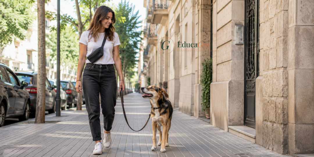 mujer paseando con un perro adulto en Barcelona durante una sesión de adiestramiento