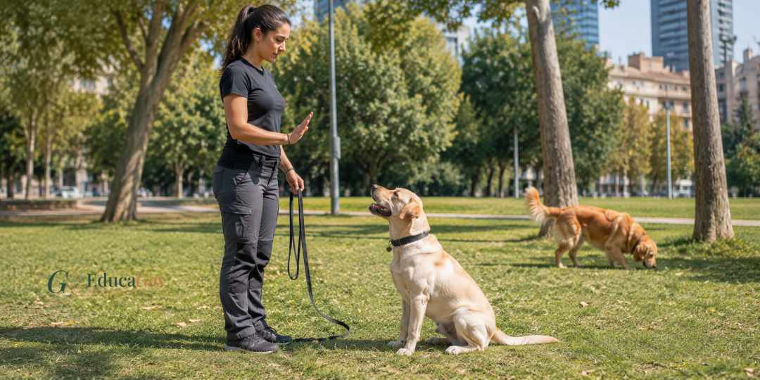 Adiestrador trabajando la obediencia con un perro en fase de adolescencia canina