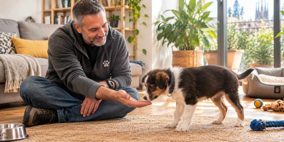 Adiestrador trabajando la socialización de un cachorro en el periodo sensible