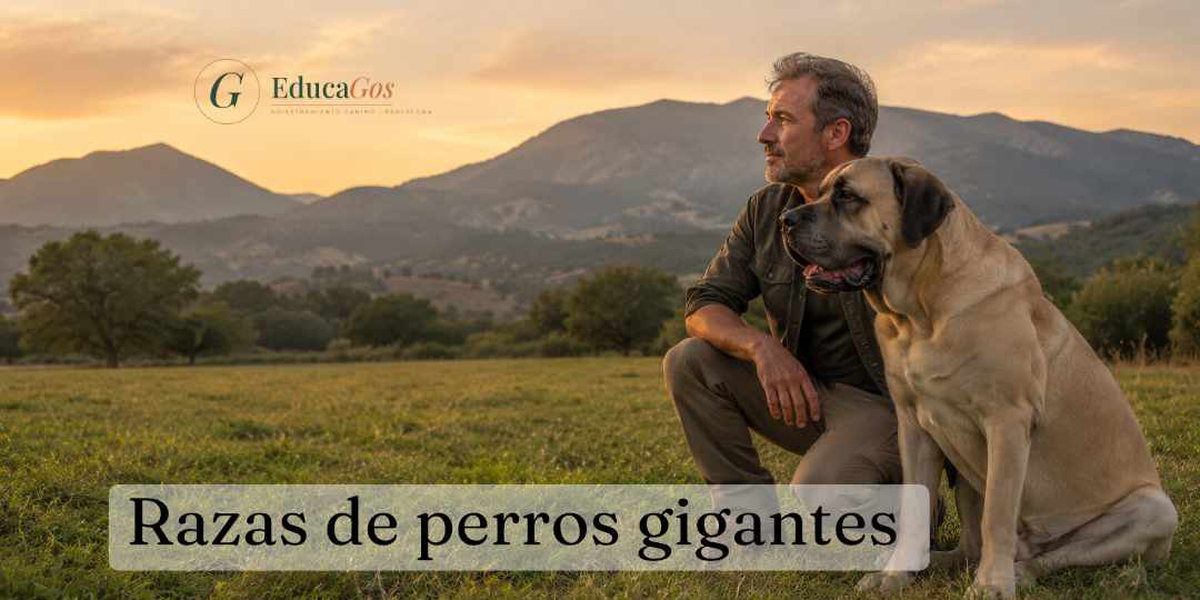 Adiestrador canino junto a un perro de raza gigante en un prado, mostrando la confianza que se logra con el entrenamiento adecuado