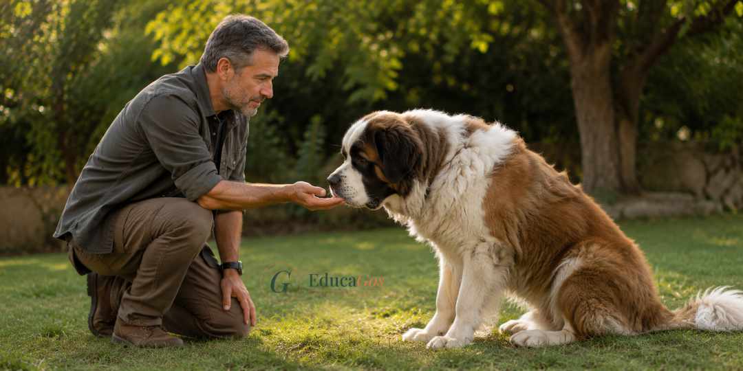 Adiestrador aplicando refuerzo positivo con un perro de raza gigante durante una sesión de entrenamiento