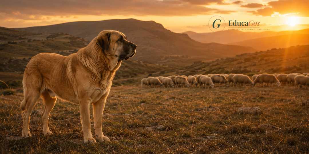 Mastín Español vigilando un rebaño en el campo, la raza guardiana tradicional española