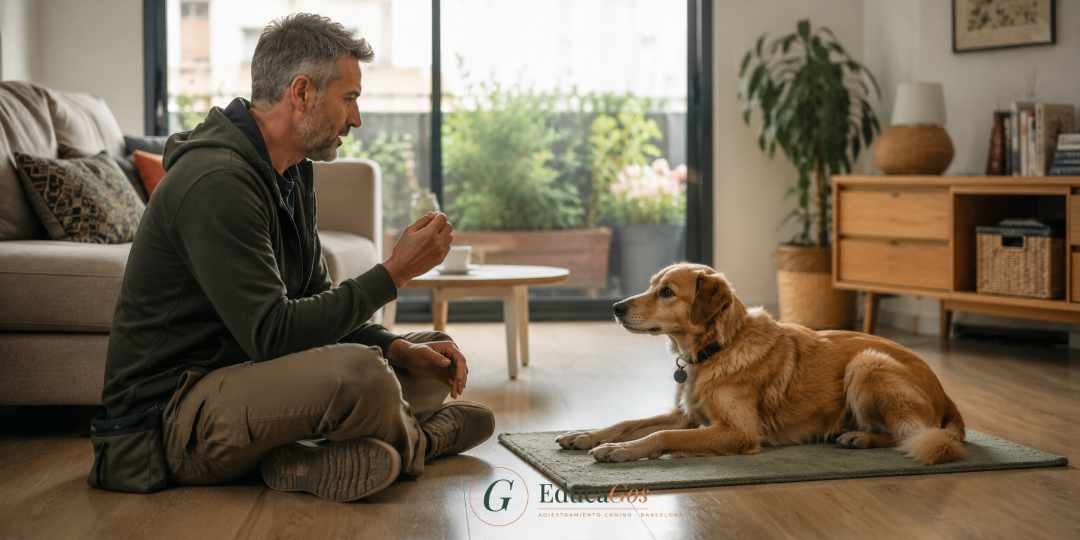 Perro tumbado en calma sobre su alfombrilla mientras su guía refuerza el ejercicio a tu sitio