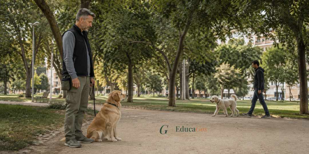 Perro entrenando el autocontrol a distancia de otro perro en un parque urbano de Barcelona
