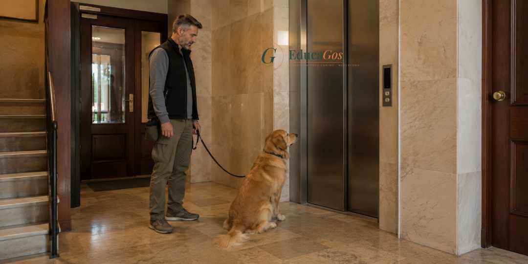 Perro esperando con calma junto a su guía en el portal de un edificio de Barcelona, autocontrol en perros