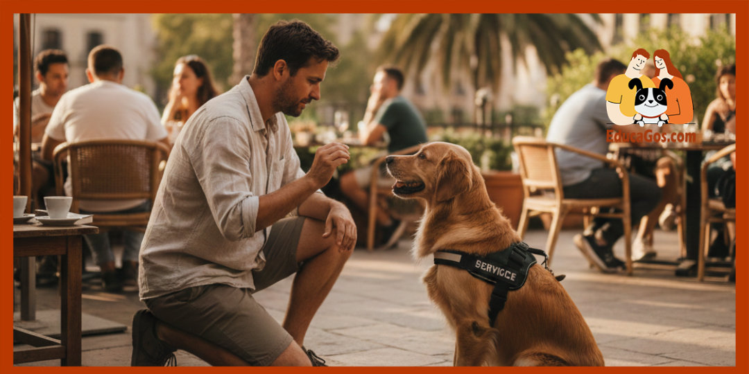 perro en una terraza de un bar de Barcelona entrenando el auto control junto a su guía Soluciones paso a paso, de ejercicios sencillos a autocontrol en la vida real