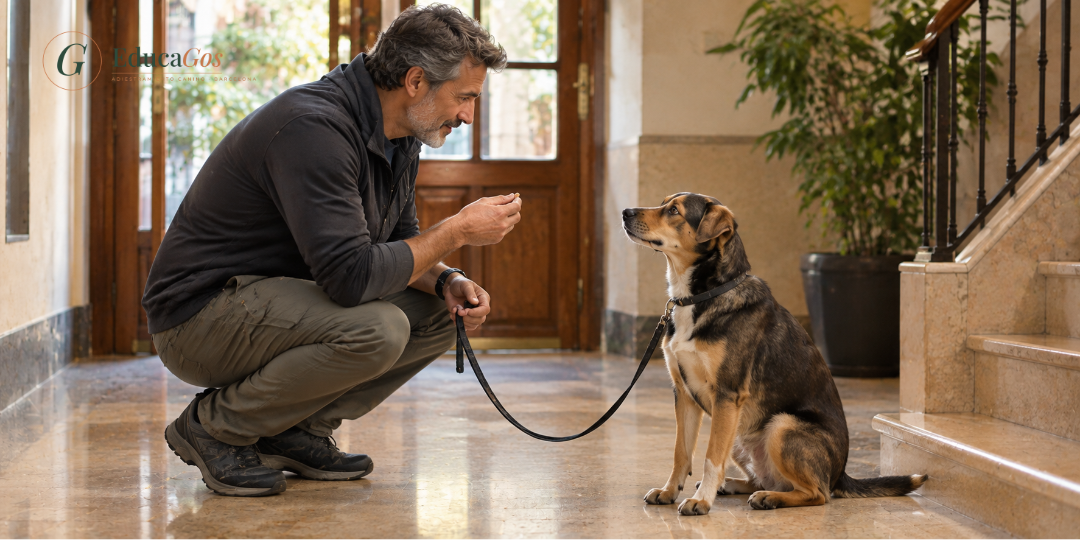 adiestrador aplicando refuerzo positivo para que el perro no tire de la correa en un portal adiestrador aplicando refuerzo positivo para que el perro no tire de la correa en un portal