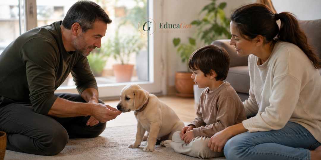 Sesión de socialización temprana con un cachorro y una familia en el programa Primeros Pasos