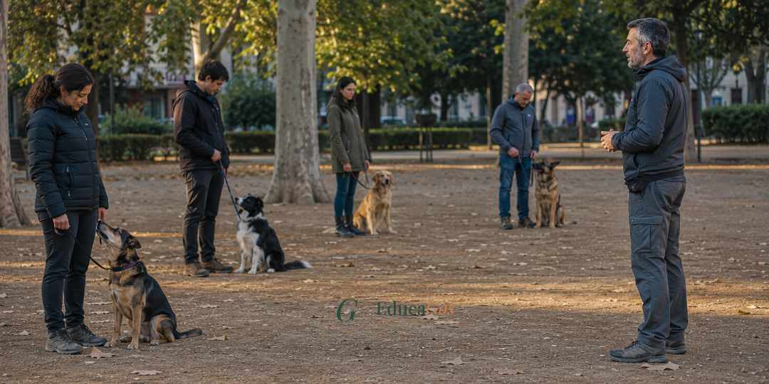 Grupo de tutores y sus perros participando en un curso de obediencia canina básica al aire libre, opiniones del mejor adiestrador canino en Barcelona
