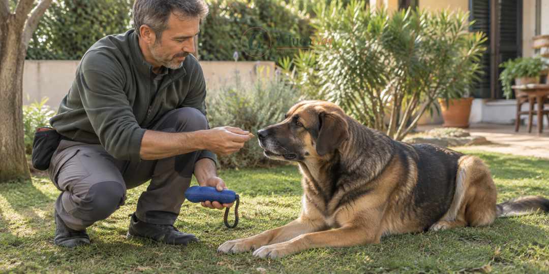 Adiestrador canino trabajando un ejercicio de intercambio para mejorar la protección de recursos en un perro. Mi perro me gruñe y enseña los dientes, qué hacer