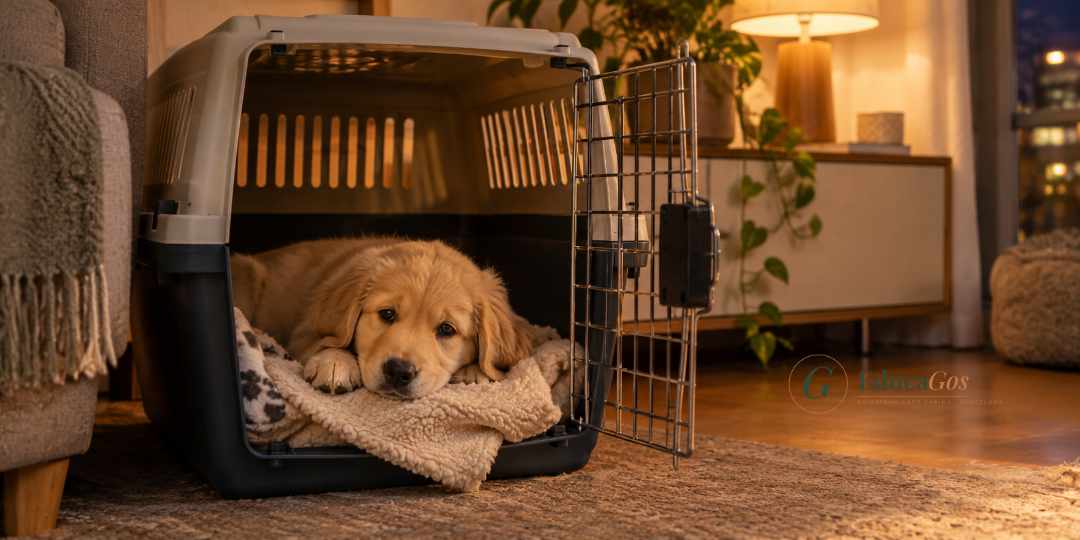 Cachorro descansando en su transportín como parte de la rutina nocturna