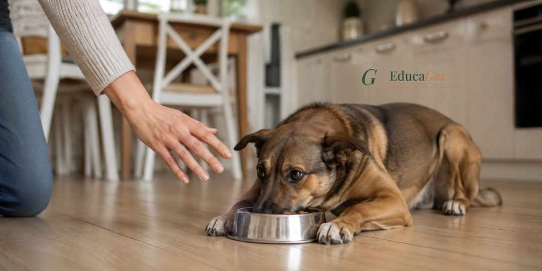 Mano acercándose de forma brusca al cuenco de un perro, ejemplo de error habitual al gestionar la protección de recursos