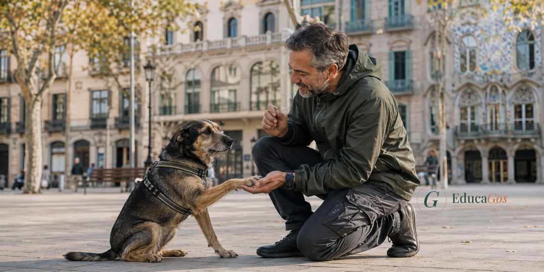 Adiestrador practicando manejo cooperativo con un perro en un parque urbano de Barcelona. Manejo cooperativo en perros