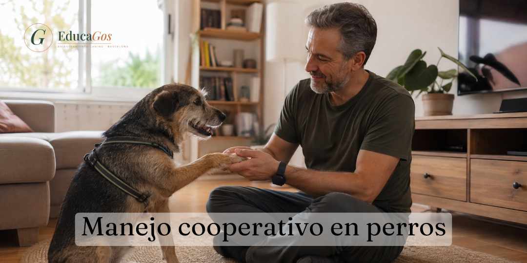 Adiestrador canino sentado en el suelo del salón mientras un perro le ofrece la pata de forma voluntaria y relajada