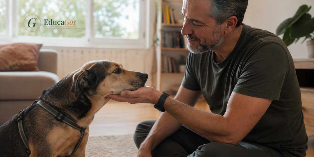 Perro apoyando la barbilla de forma voluntaria en la mano de su tutor, como señal de inicio en manejo cooperativo
