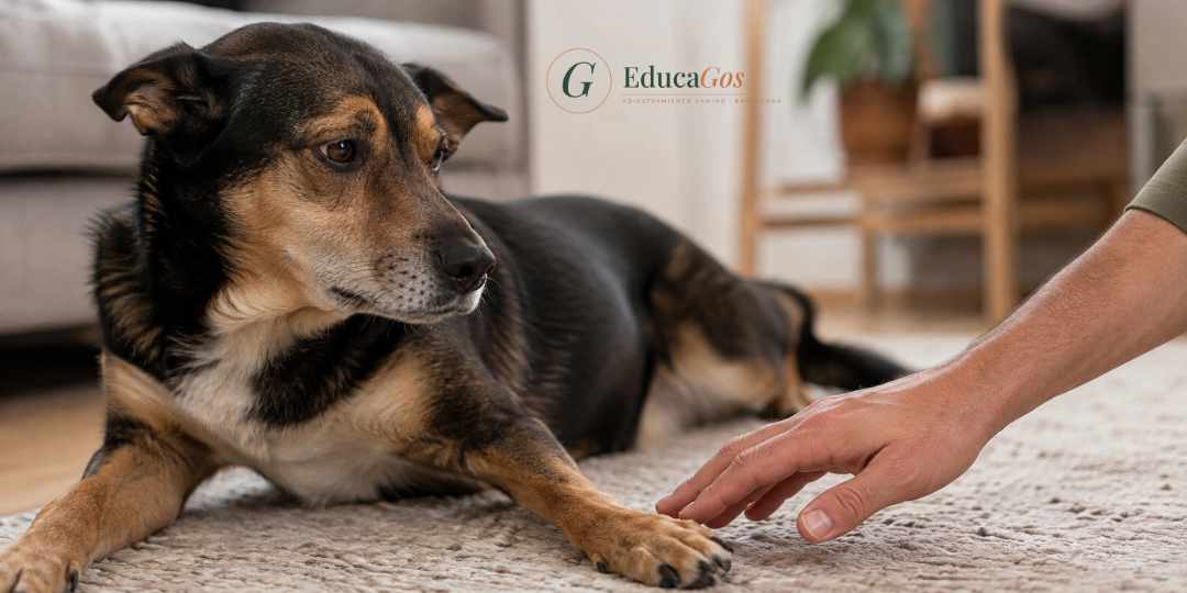Perro mostrando señales de tensión, orejas hacia atrás y cabeza apartada, mientras una mano se acerca a su pata