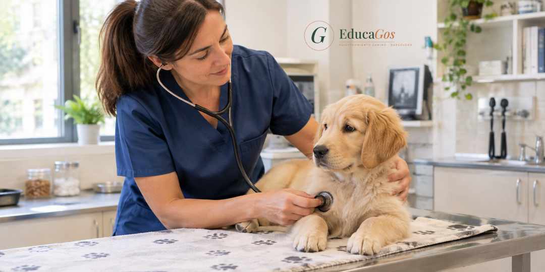 Veterinaria revisando a un cachorro para descartar causas médicas
