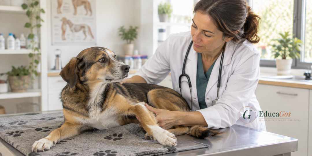 Veterinaria revisando a un perro para descartar dolor físico como causa de un gruñido repentino